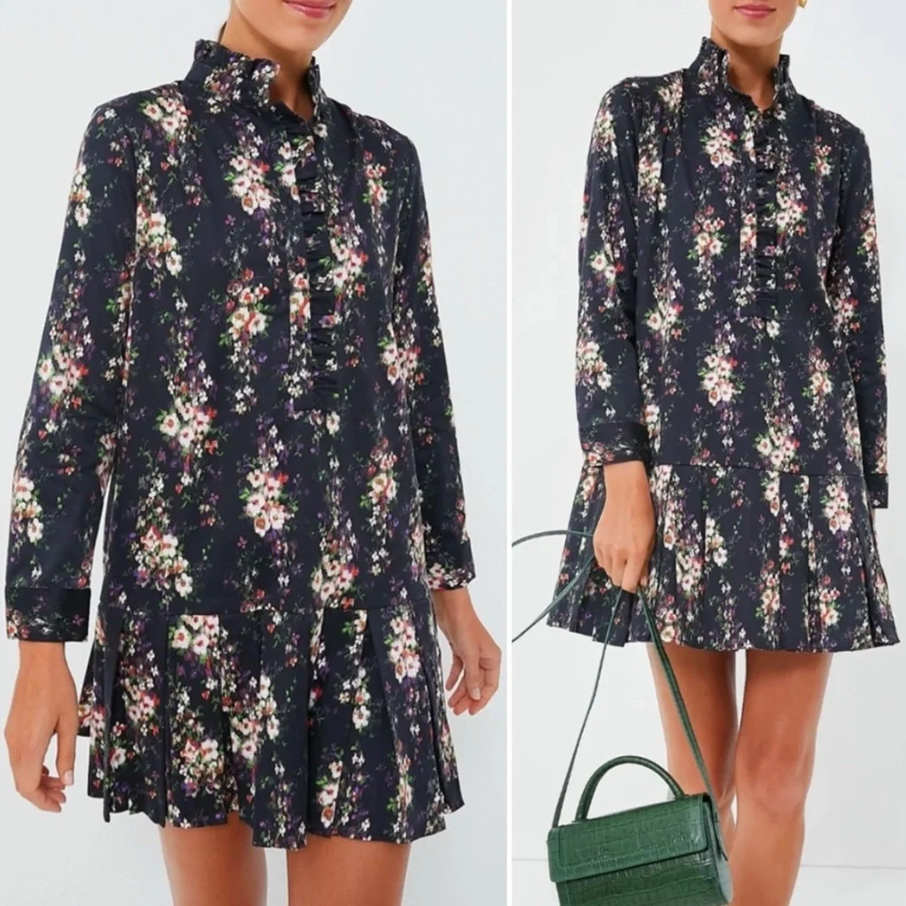 Tuckernuck Tate Dress Onyx Falling Flowers Bouquet Floral Ruffle Pleated Hem 3XL - Picture 1 of 11